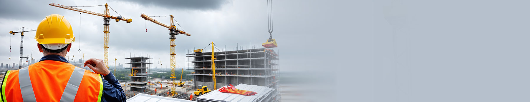 Construction professional overlooking a building site with tower cranes